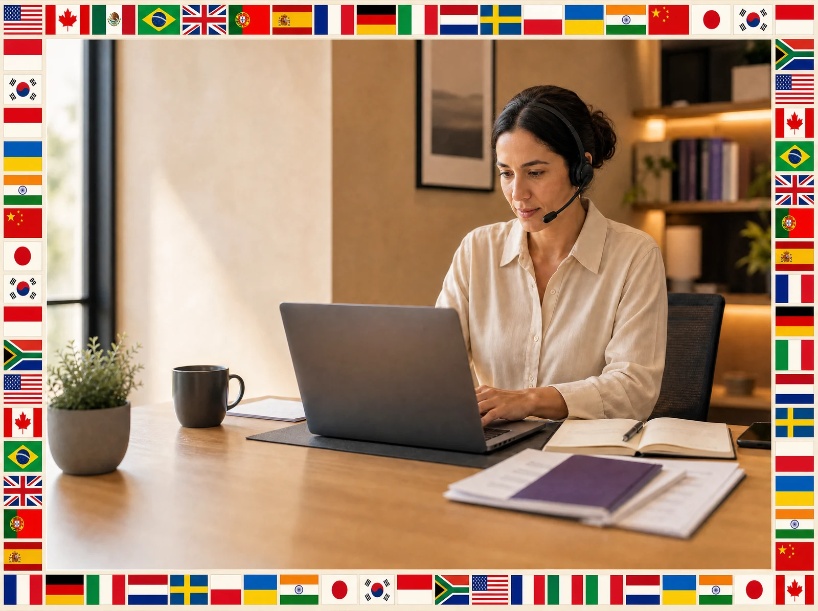 Illustrative scene of a business owner on a laptop call, surrounded by a border of international flags.