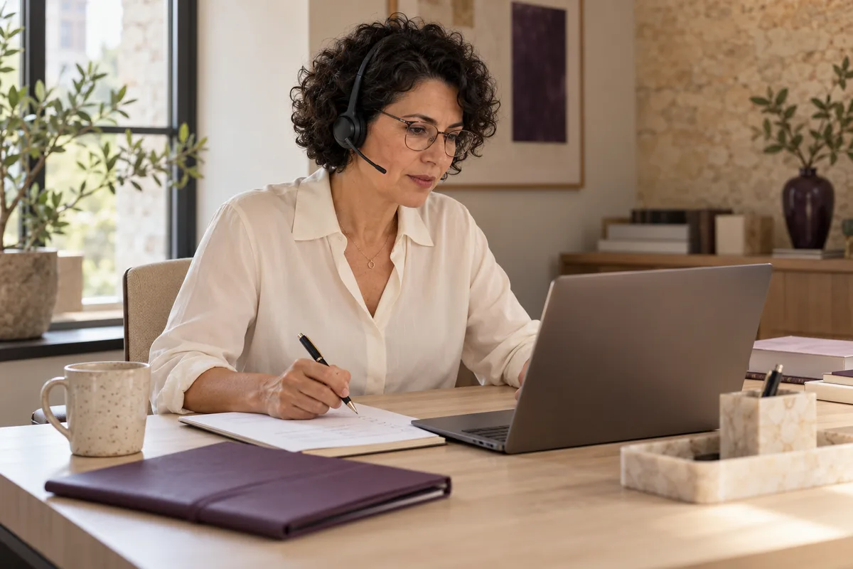 Illustrative scene of a case coordinator checking details during a laptop call.