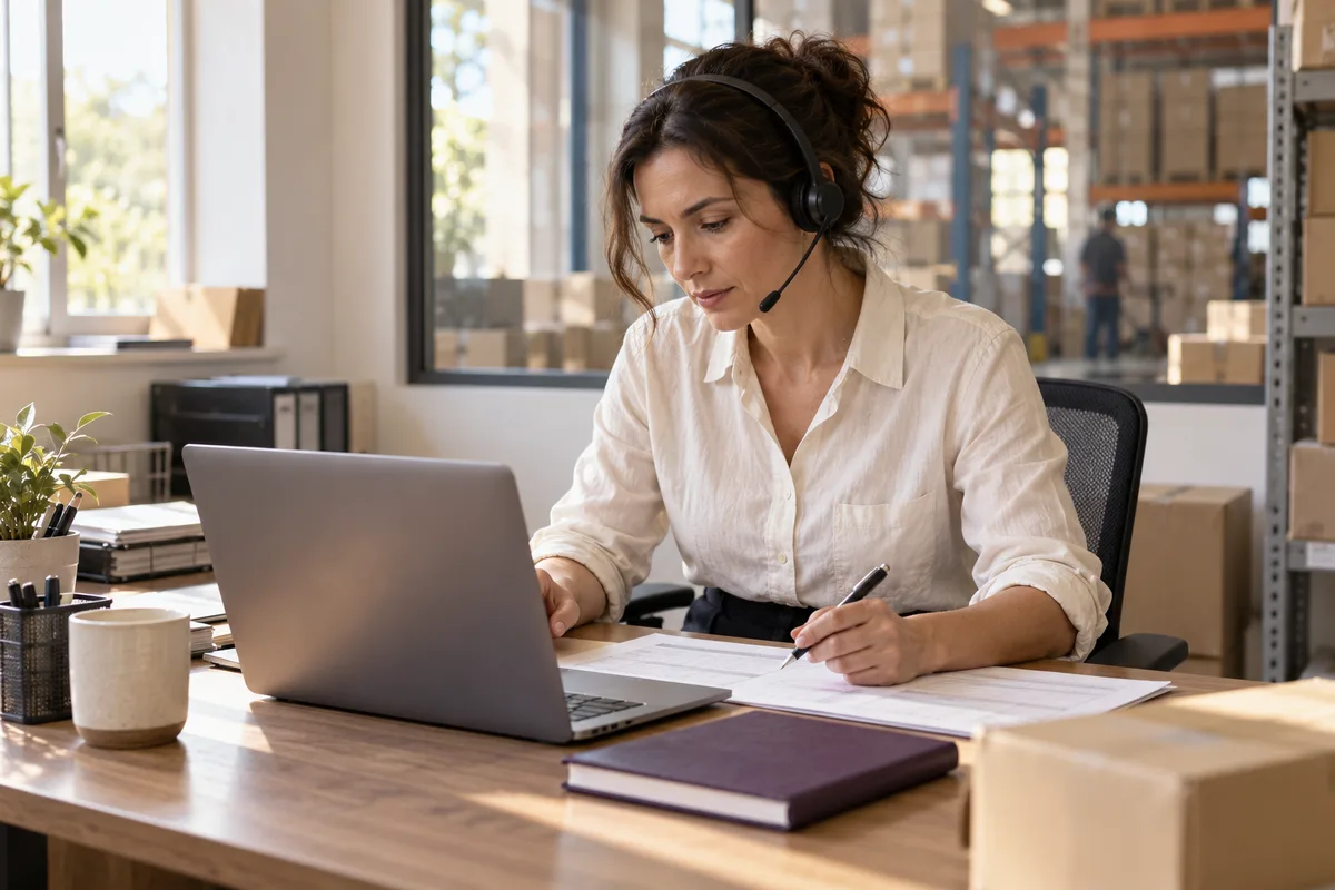 Illustrative scene of a supplier coordinator on a laptop call beside a warehouse.