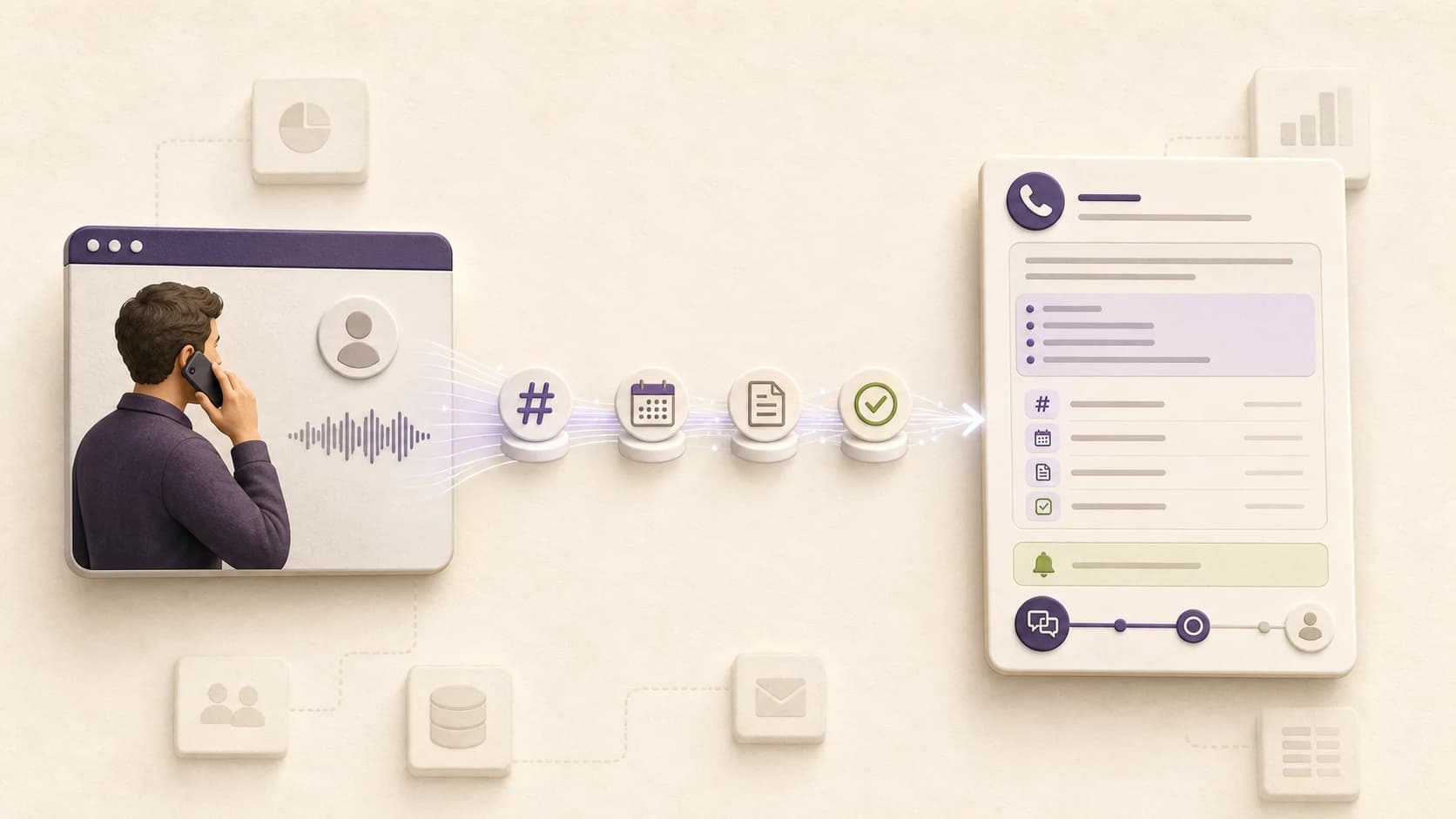 A human-operated browser call flowing through reference, date, document, and commitment details into a structured reviewed call record