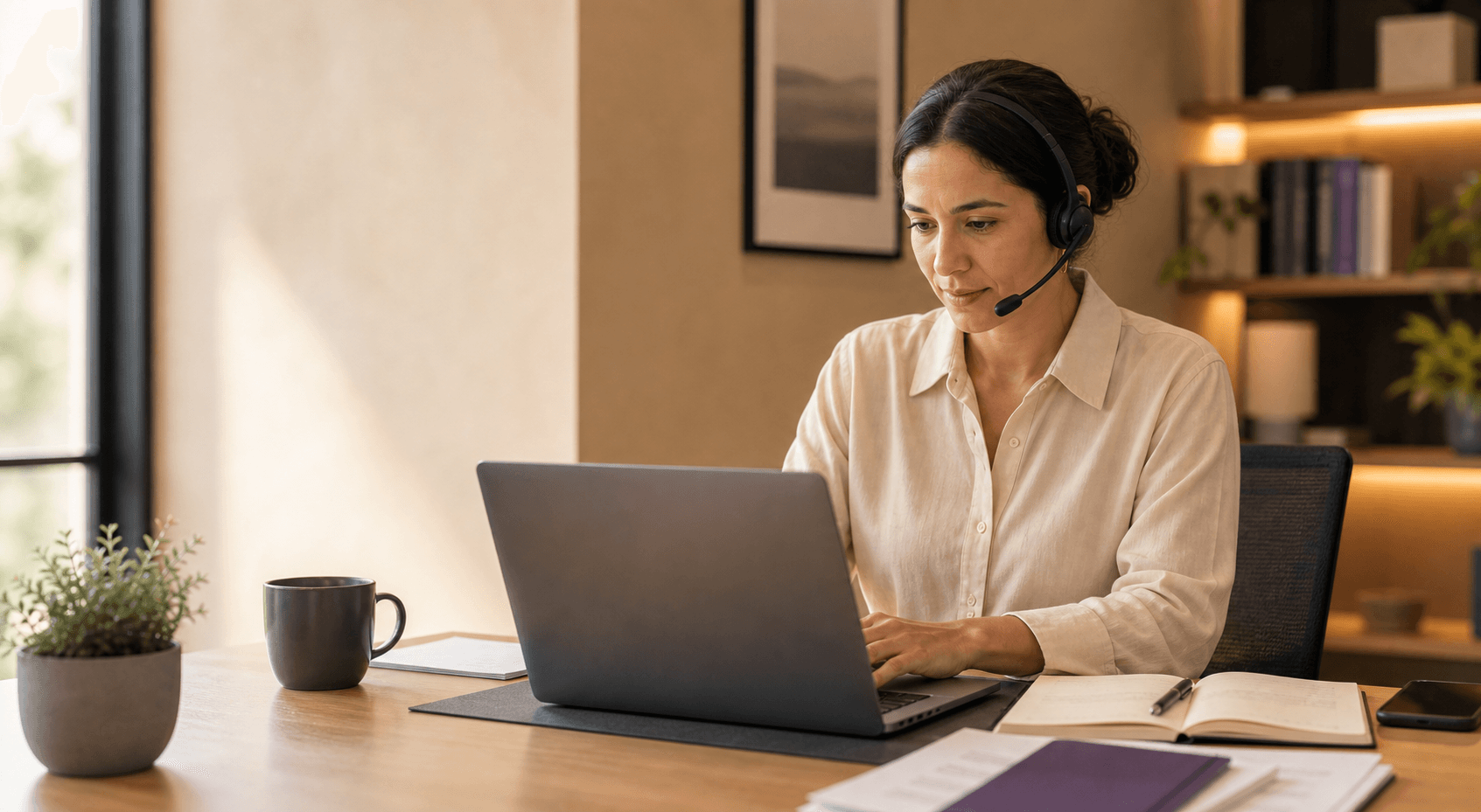 Professional preparing a low-cost browser call and follow-up notes